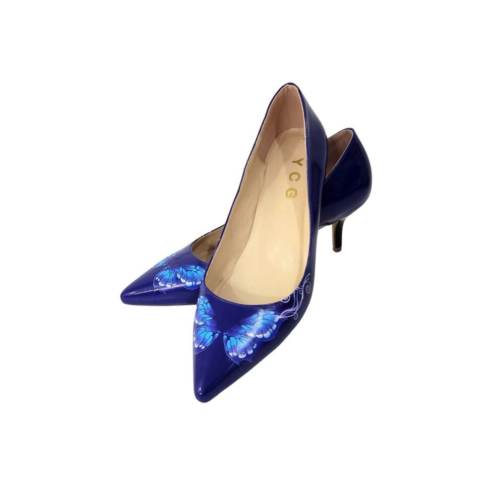 YCG Blue Patent Leather Butterfly Pumps High Heels - Picture 2 of 7